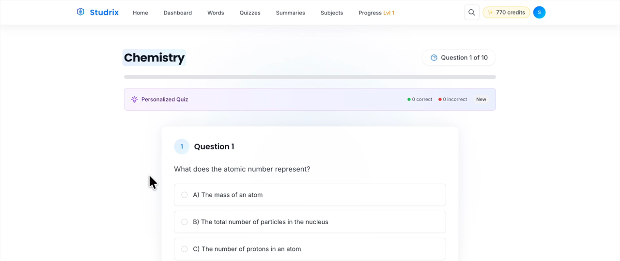 Ten questions Studrix built from a chemistry chapter, exactly as they reach your screen.